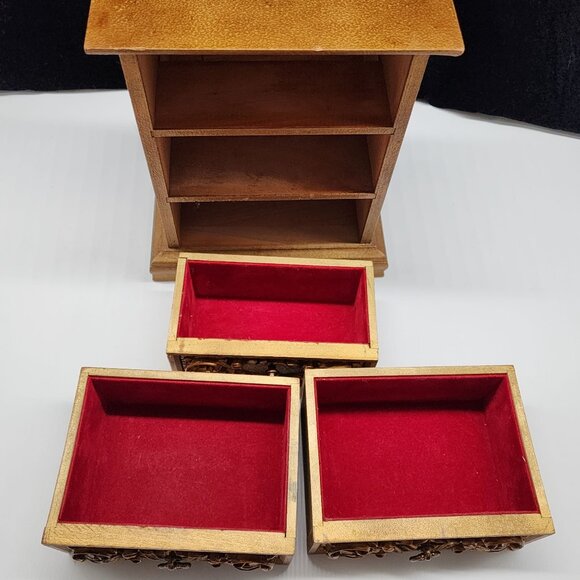 Wooden Musical Jewelry Box Onate Carved Drawers VTG 9.25" High by Royal Sealy - Picture 11 of 12